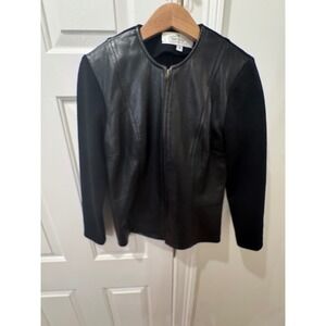 Razooks Womens Black Leather Knit Mixed Media Zip Front Jacket Size 6